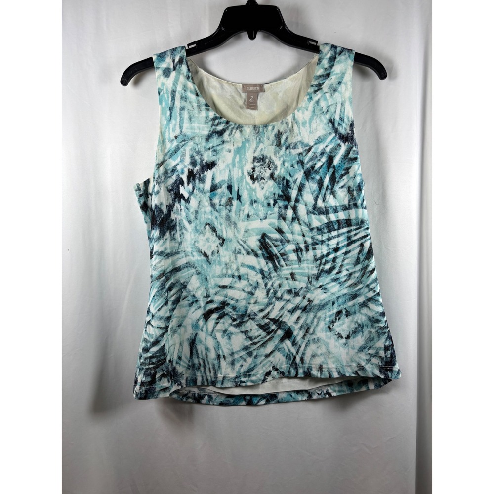 Chicos Womens Size 2 Large Teal Abstract Palm Leaf Scoop Neck Tank Top Shell